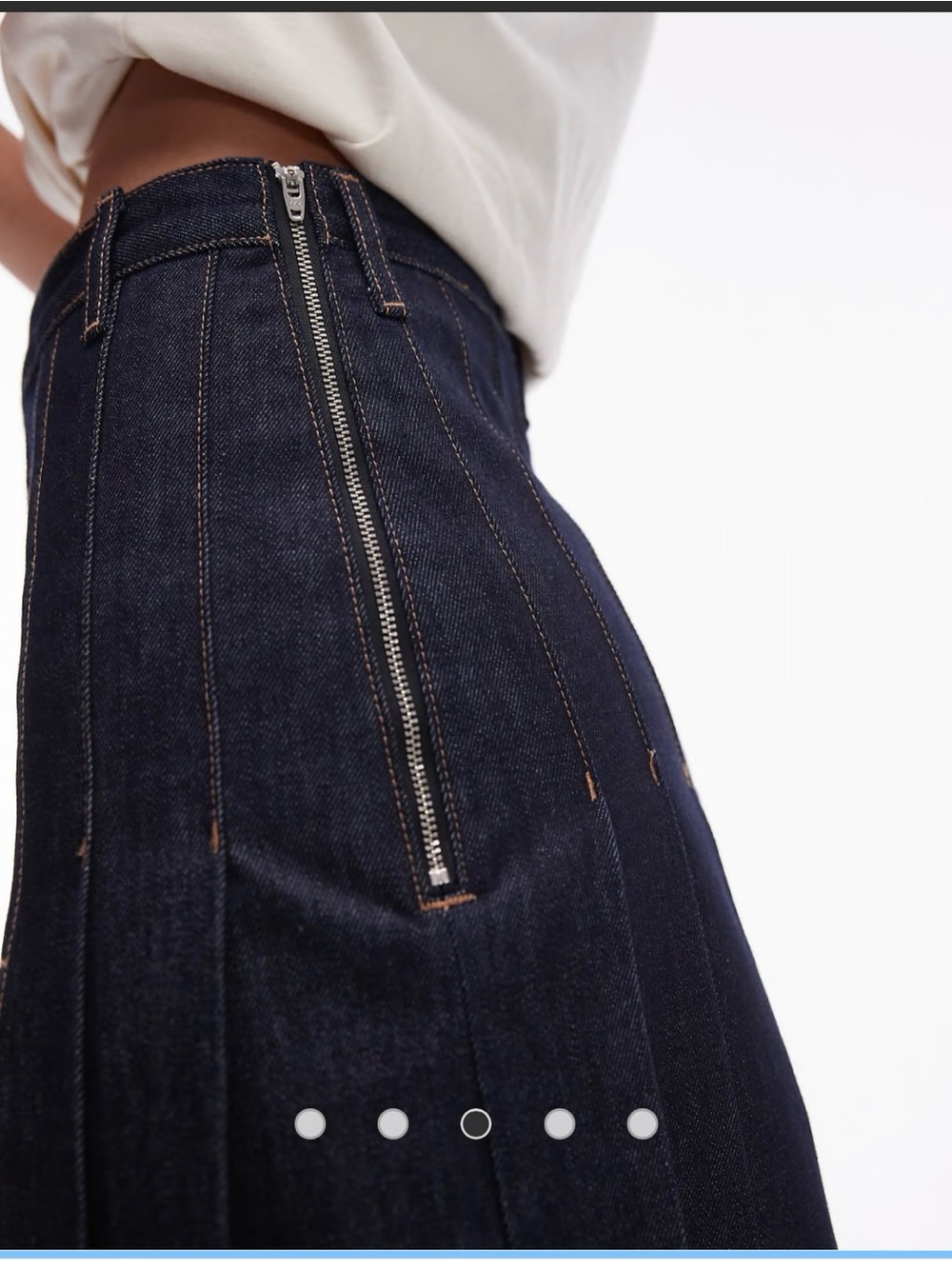 Topshop Dark Indigo Jeans with Exposed Silver Side Zip. Pleated, high slit skirt